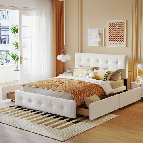 Upholstered Platform Bed with Classic Headboard and 4 Drawers