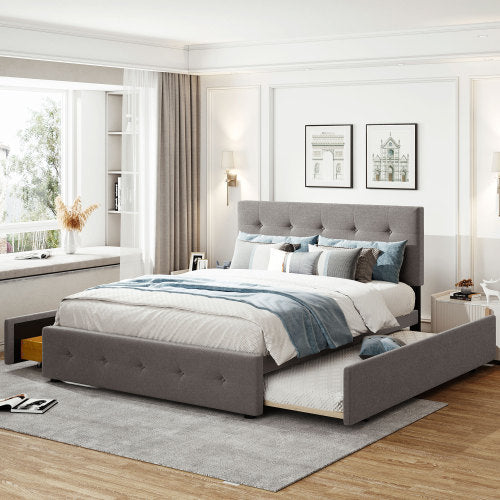 Upholstered Platform Bed with Classic Headboard and 4 Drawers