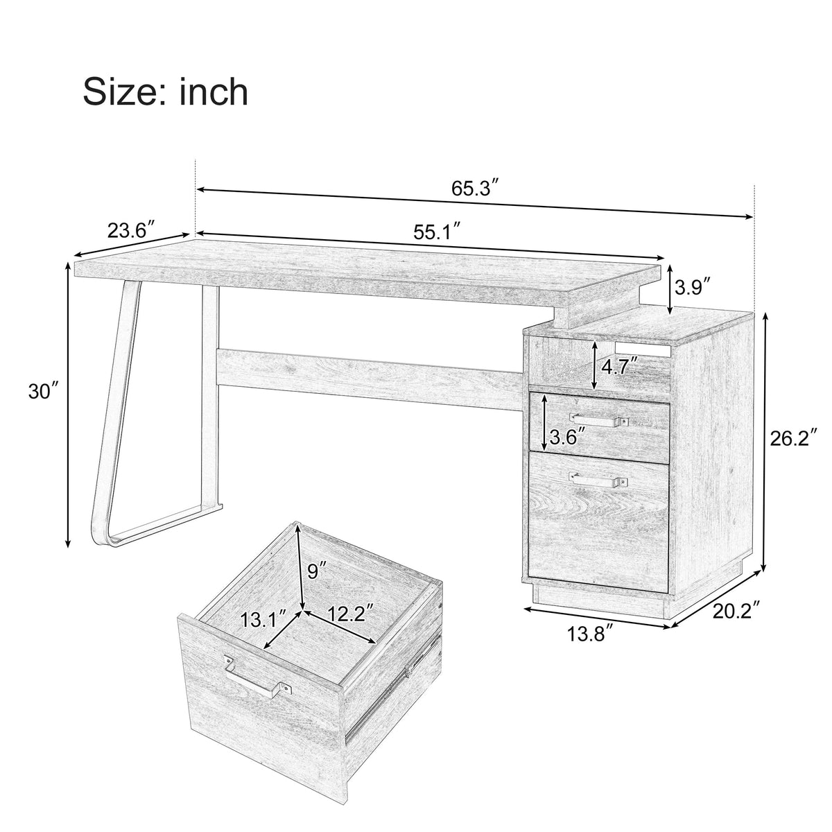 65 inch Writing Study Table with Drawers