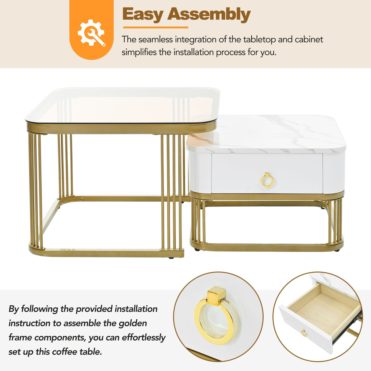 Side Table with High Gloss Marble Grain Tabletop for Living Room