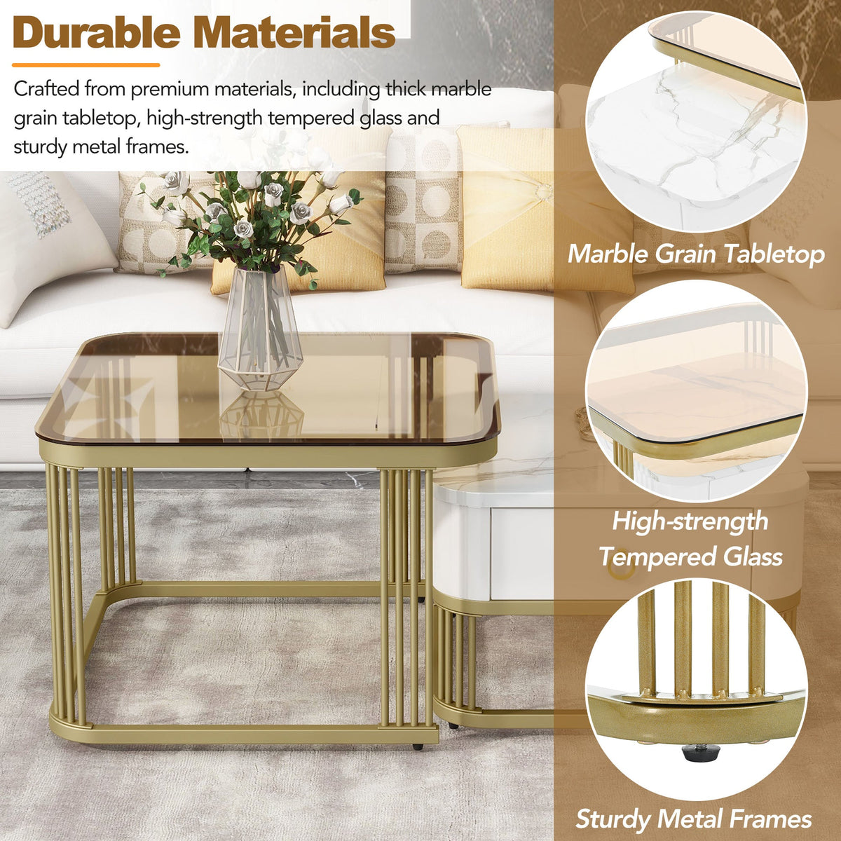 Side Table with High Gloss Marble Grain Tabletop for Living Room