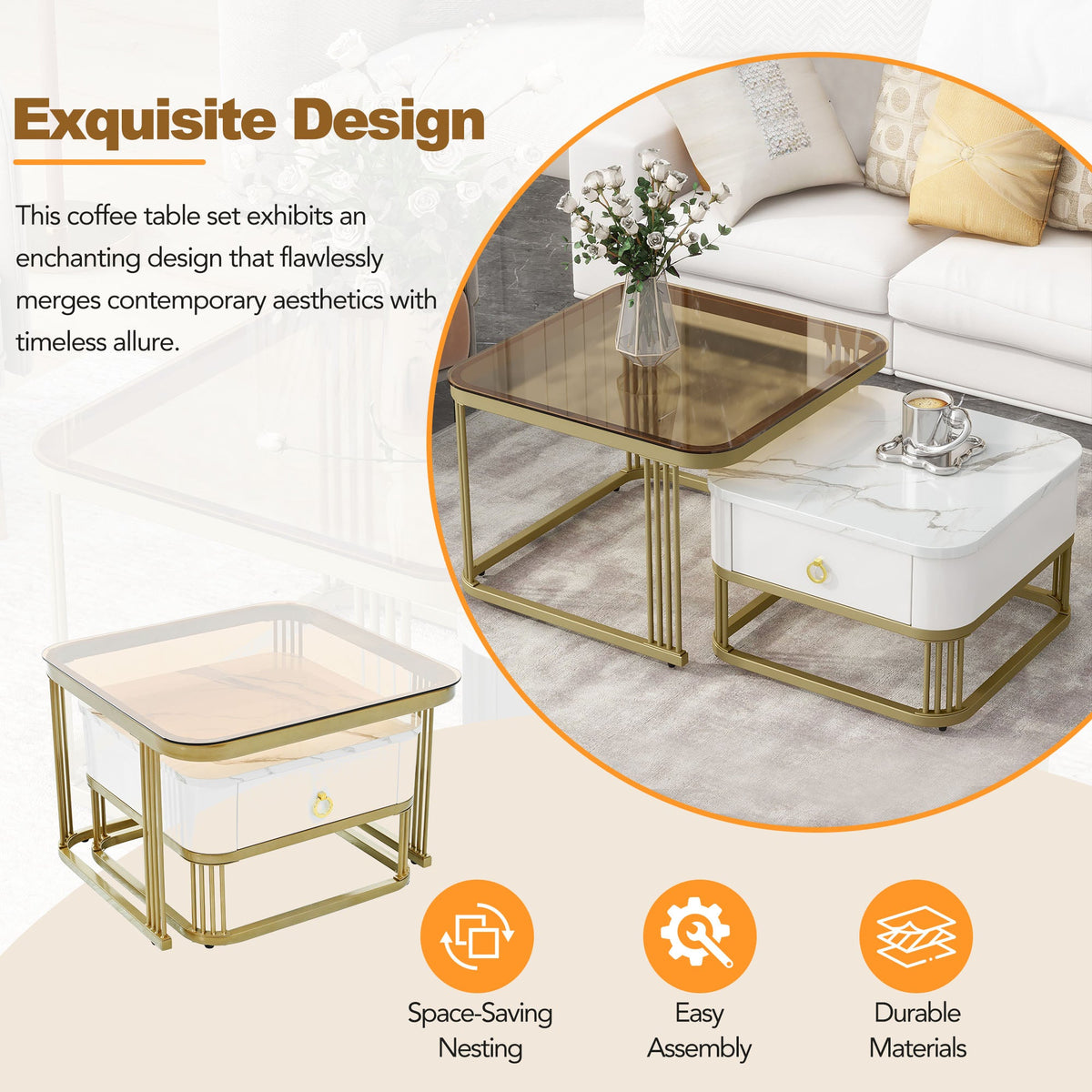 Side Table with High Gloss Marble Grain Tabletop for Living Room