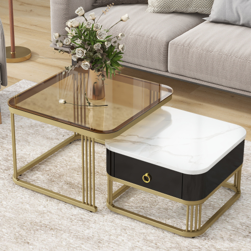 Side Table with High Gloss Marble Grain Tabletop for Living Room