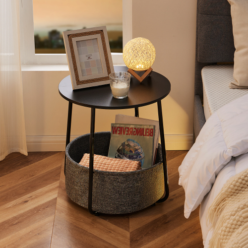 Modern Nightstand Bedside Table with Fabric Basket for Bedroom Nursery