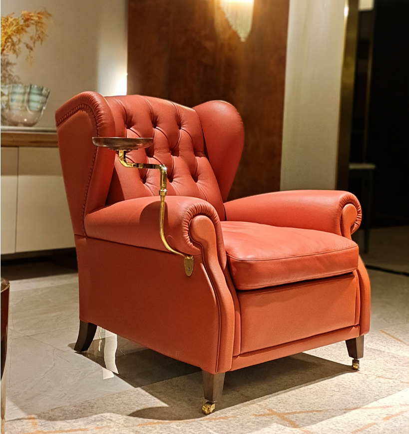 Luxury Burgundy Velvet Wingback Chair with Brass Side Tray