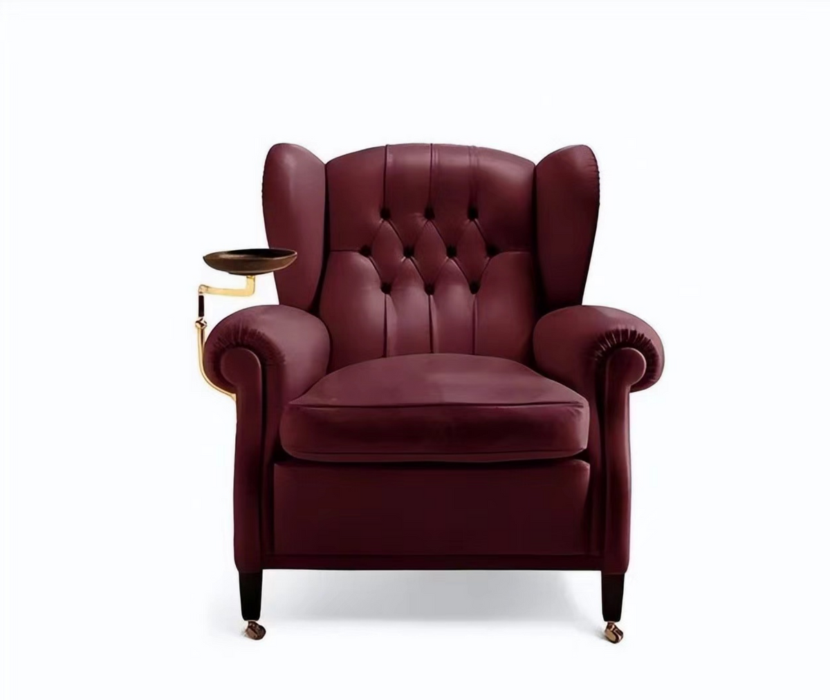 Luxury Burgundy Velvet Wingback Chair with Brass Side Tray