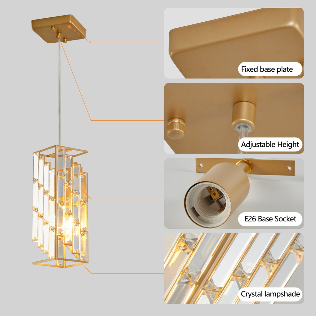 Adjustable Hanging Ceiling Lamp with Crystal Prism Design for Dining Room-3 Pack