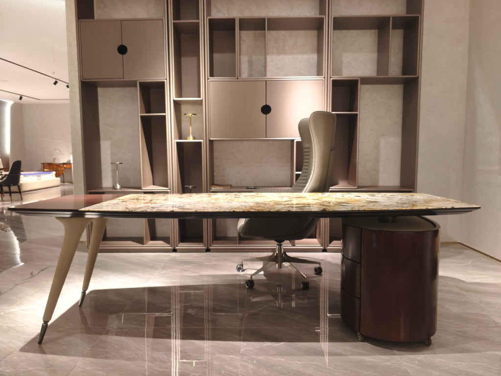 Luxury Marble-Top Executive Desk with Wooden Storage Unit