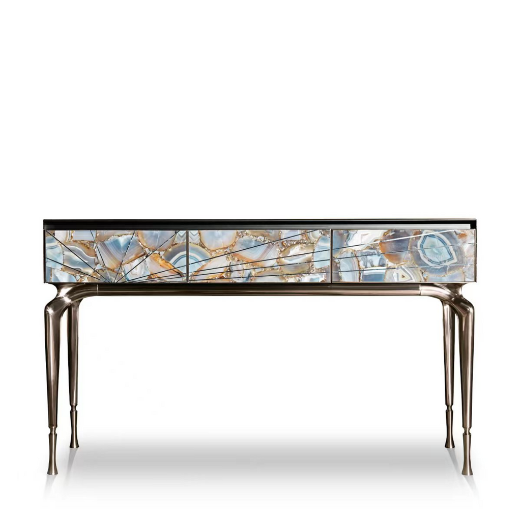 Luxury Agate-Inlay Console Cabinet with Metallic Legs
