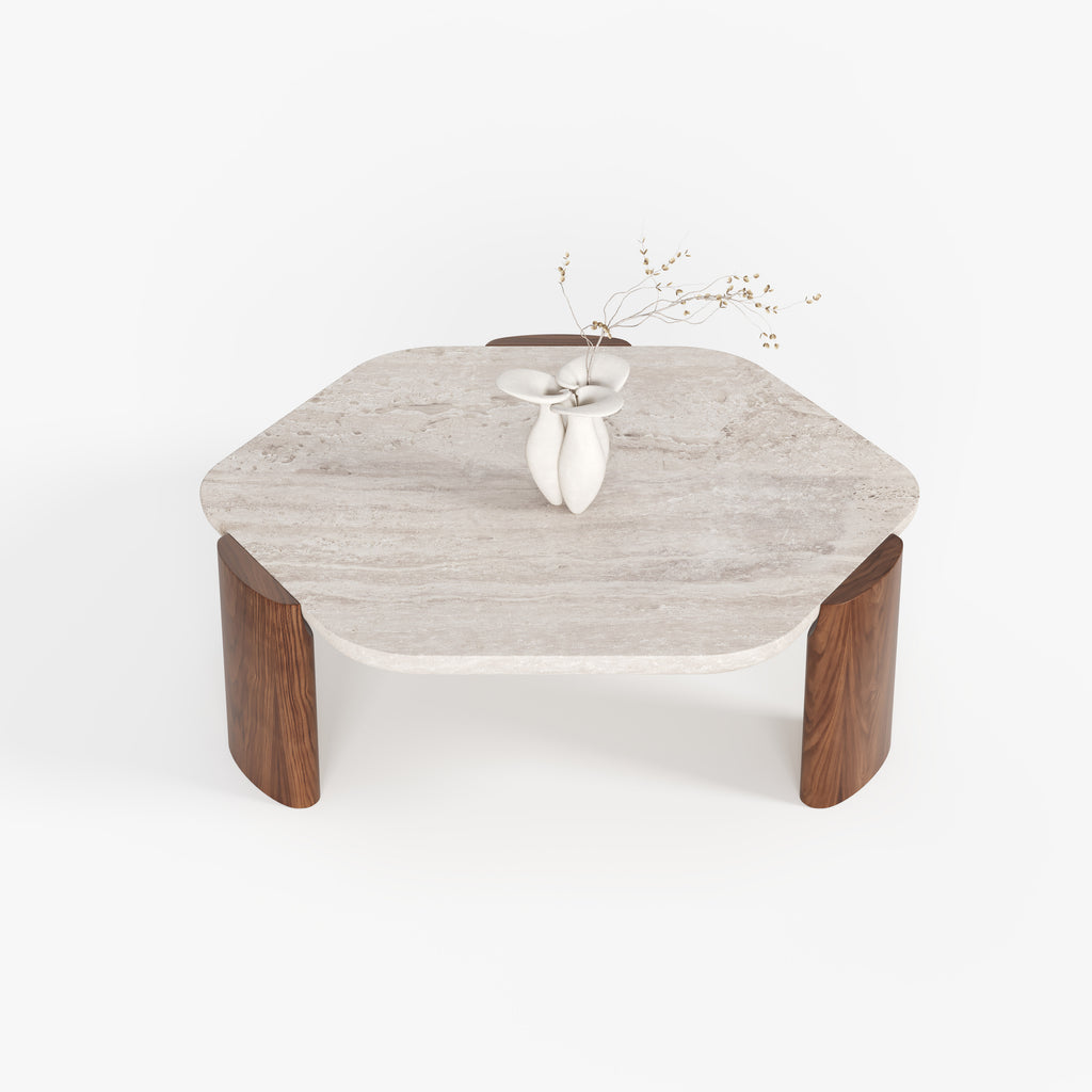 Round Stone Top Solid Wood Leg Coffee Table A003
