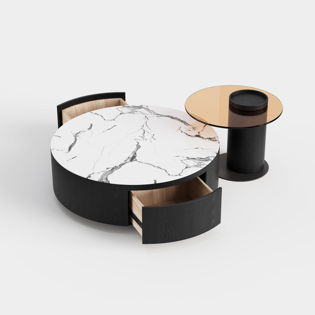 Dual-combination Round Coffee Table Set, Marble Top & Black Pedestal Center Table for High-end Residence A014