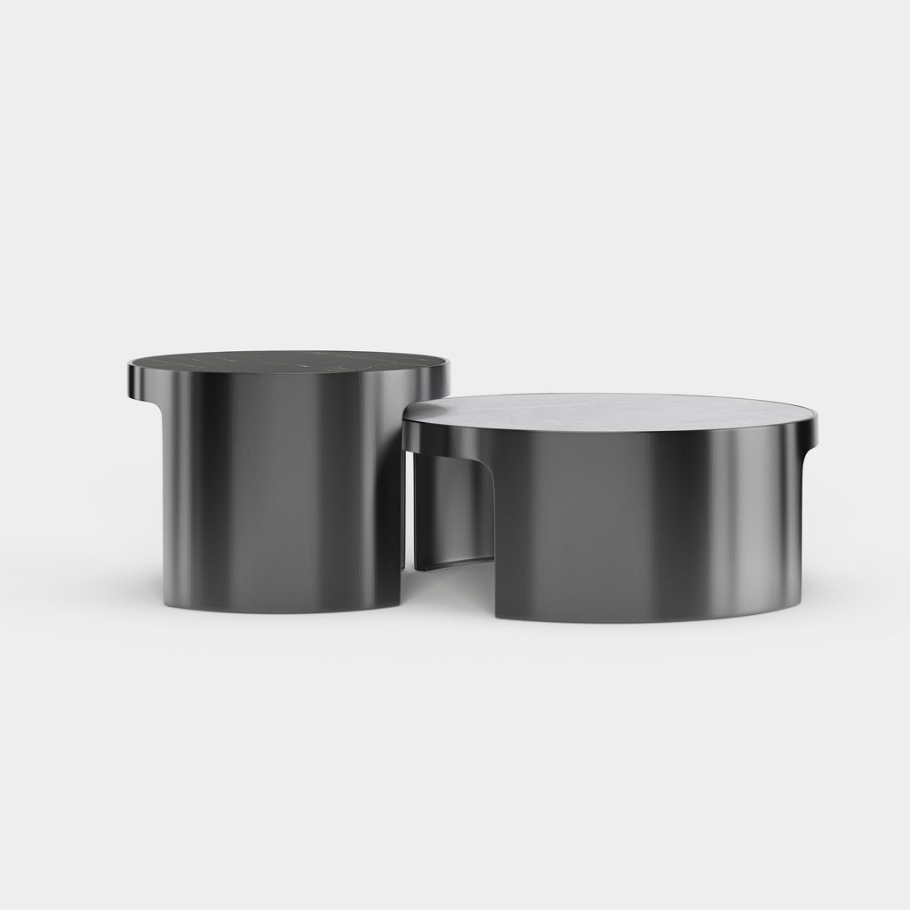Dual Round Nesting Coffee Table Set, Black & White Stone Top Metal Base Center Table for Modern Home A018