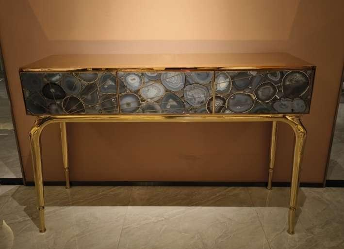 Luxury Agate-Inlay Console Cabinet with Metallic Legs