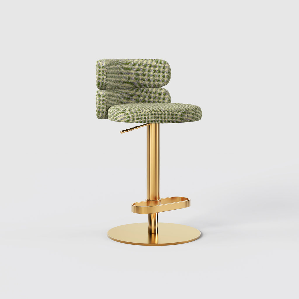 Modern Grey Linen Fabric Bar Stool, Adjustable Swivel Counter Stool Double Layer Backrest Golden Metal Base GD-100