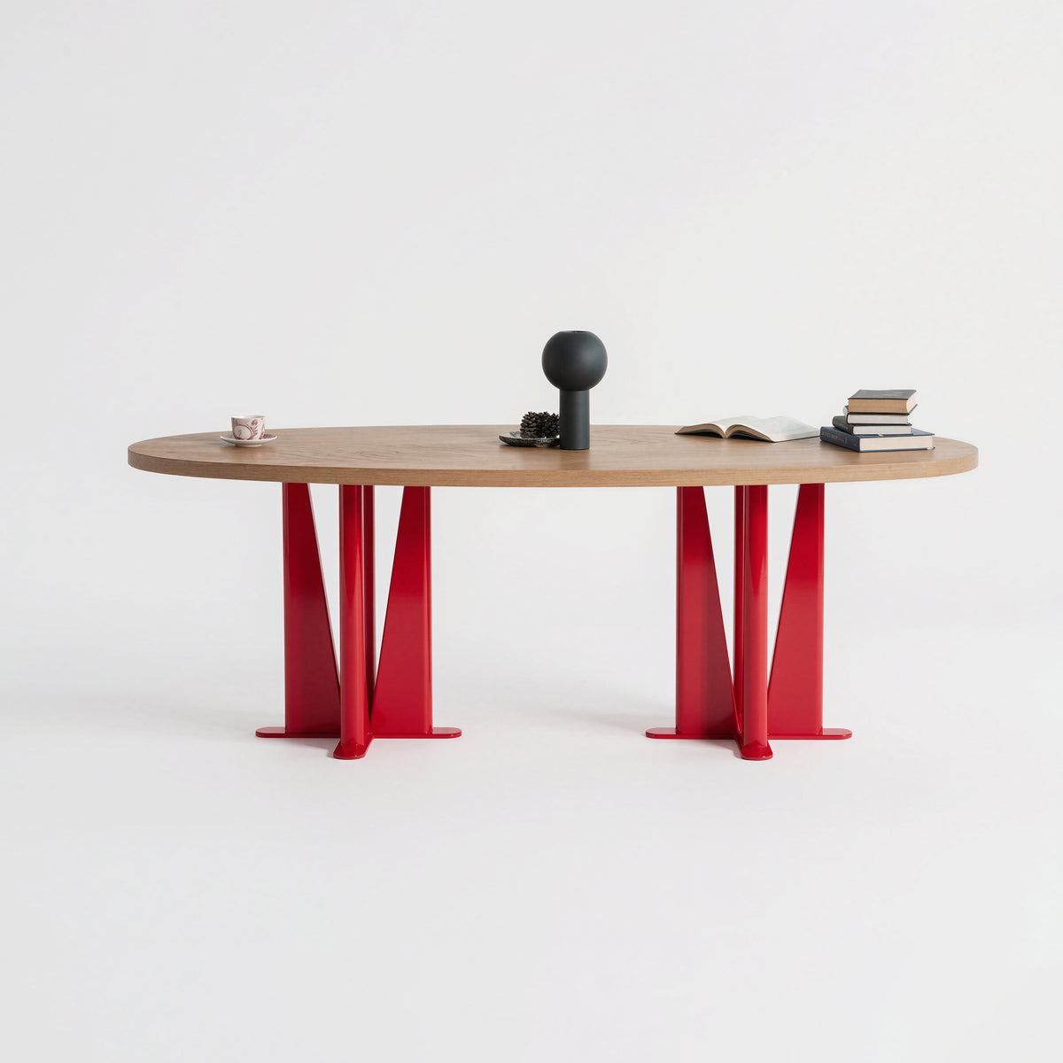 Artistic Wooden Top Dining Table with Red Metal Legs for Villa Dining Room MJ-CZ35