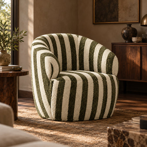 Olive green and cream striped tub accent chair in a bright living room