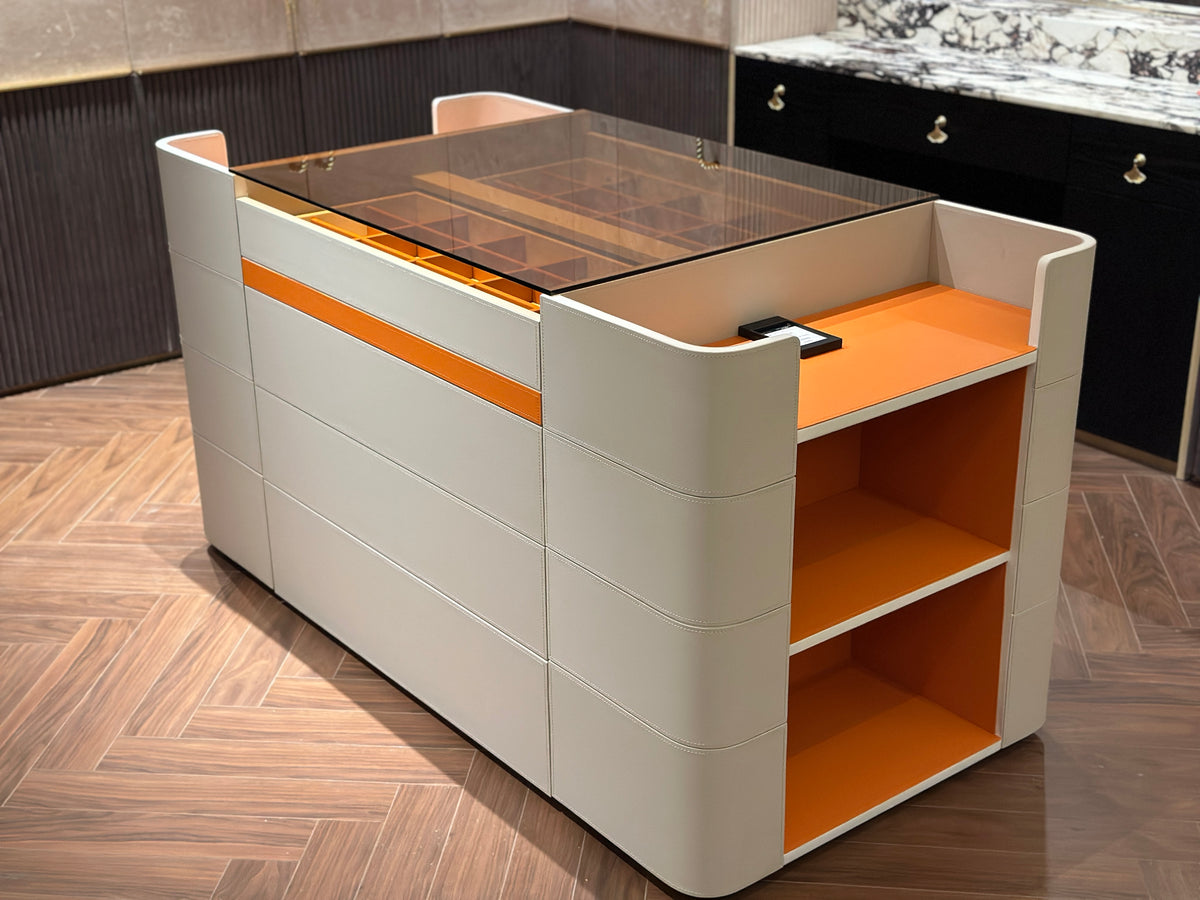 Modern Beige & Orange Accent Cabinet with Glass Top
