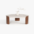 Round Stone Top Solid Wood Leg Coffee Table A003
