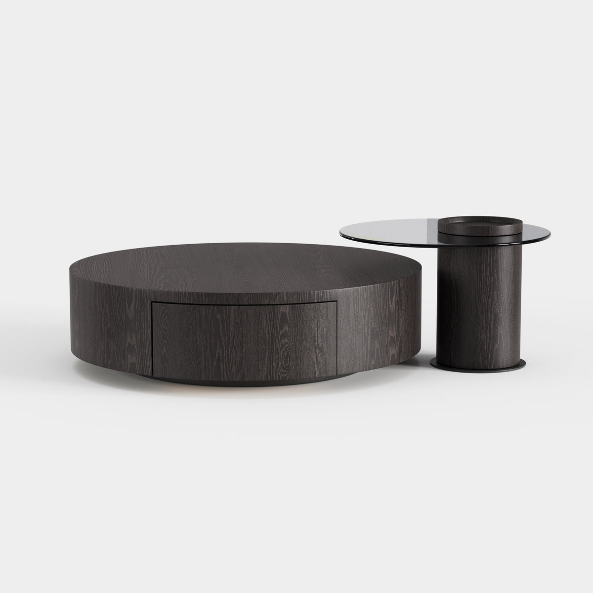 Dark Wood Grain Round Storage Coffee Table, Matching Side Table Set for Modern Living Room A012