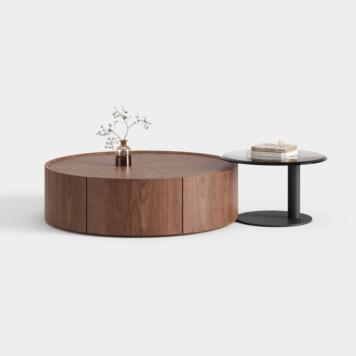 Solid Wood Round Storage Coffee Table with Side Accent Table, Italian Minimalist Center Table for Villa A019
