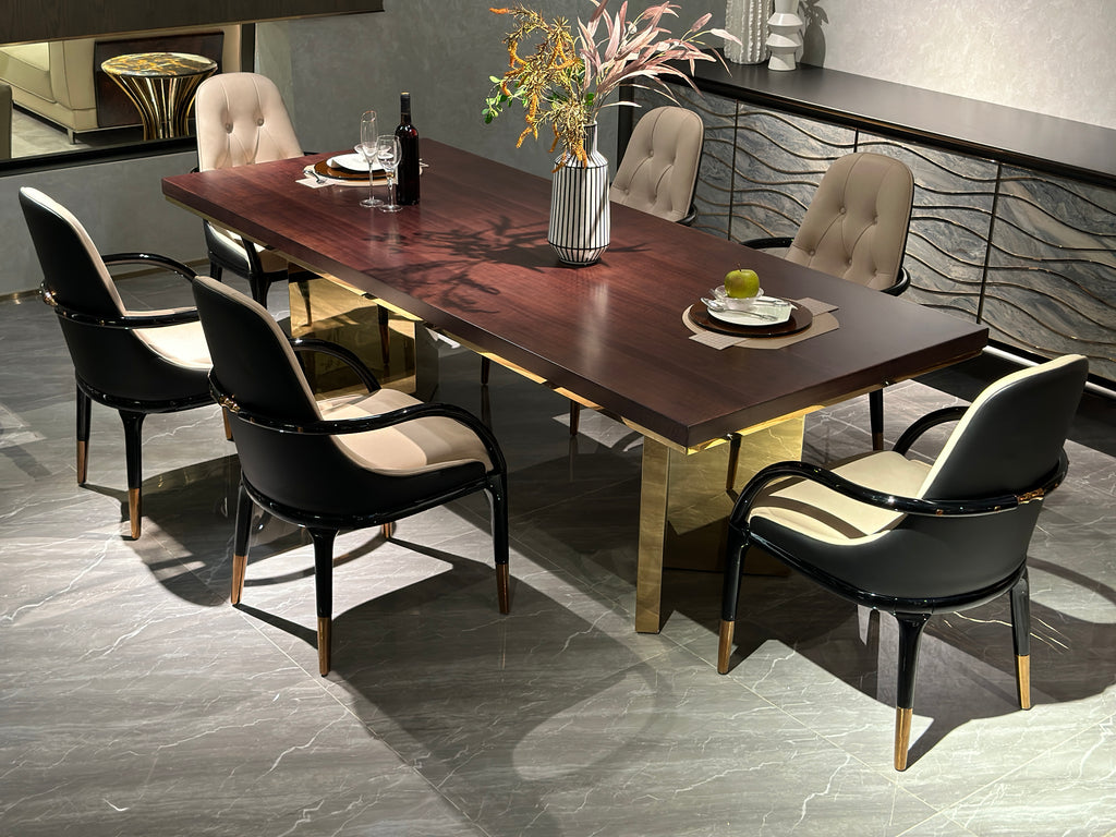 Luxury Inlaid Wood Dining Table with Gold Base