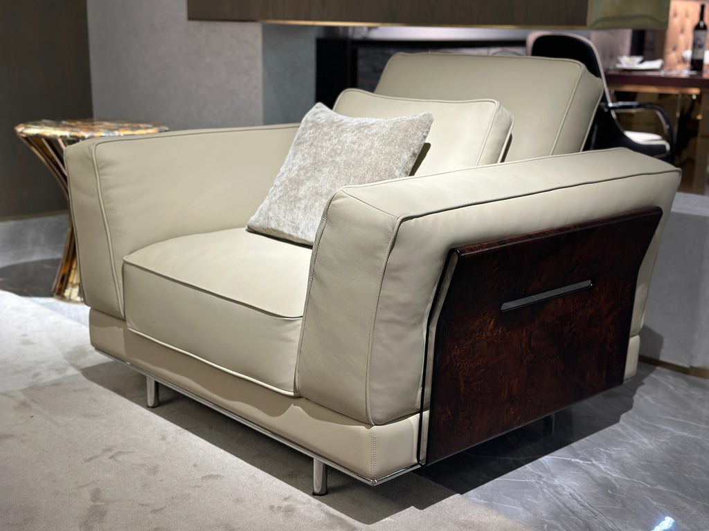 Modern Beige Leather Sofa with Accent Pillows