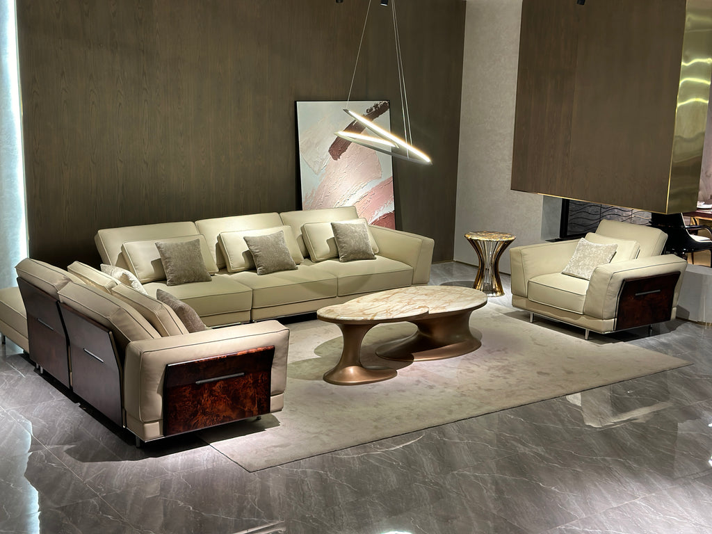 Modern Beige Leather Sofa with Accent Pillows