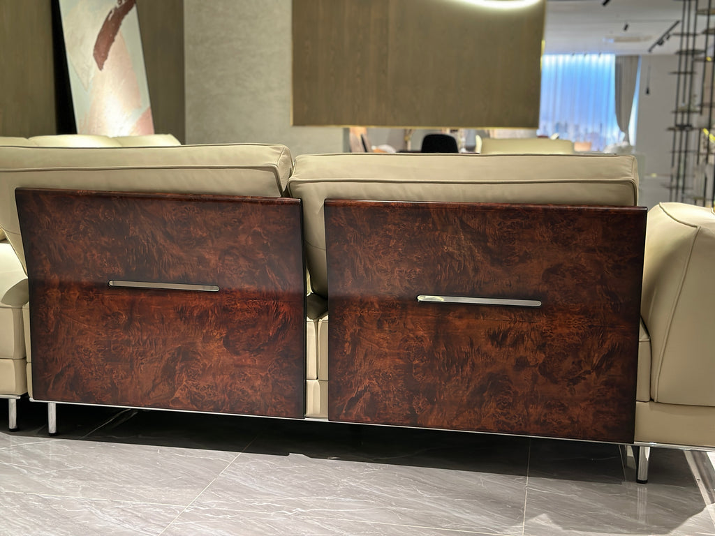 Modern Beige Leather Sofa with Accent Pillows