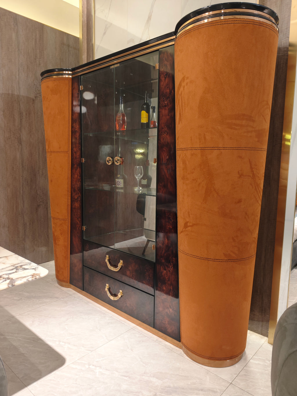 Luxury Glass-Door Display Cabinet with Leather Accents