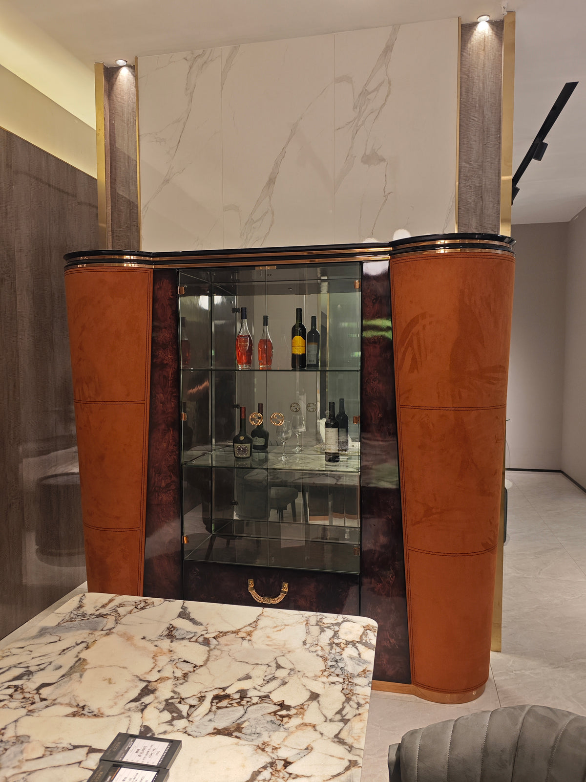 Luxury Glass-Door Display Cabinet with Leather Accents
