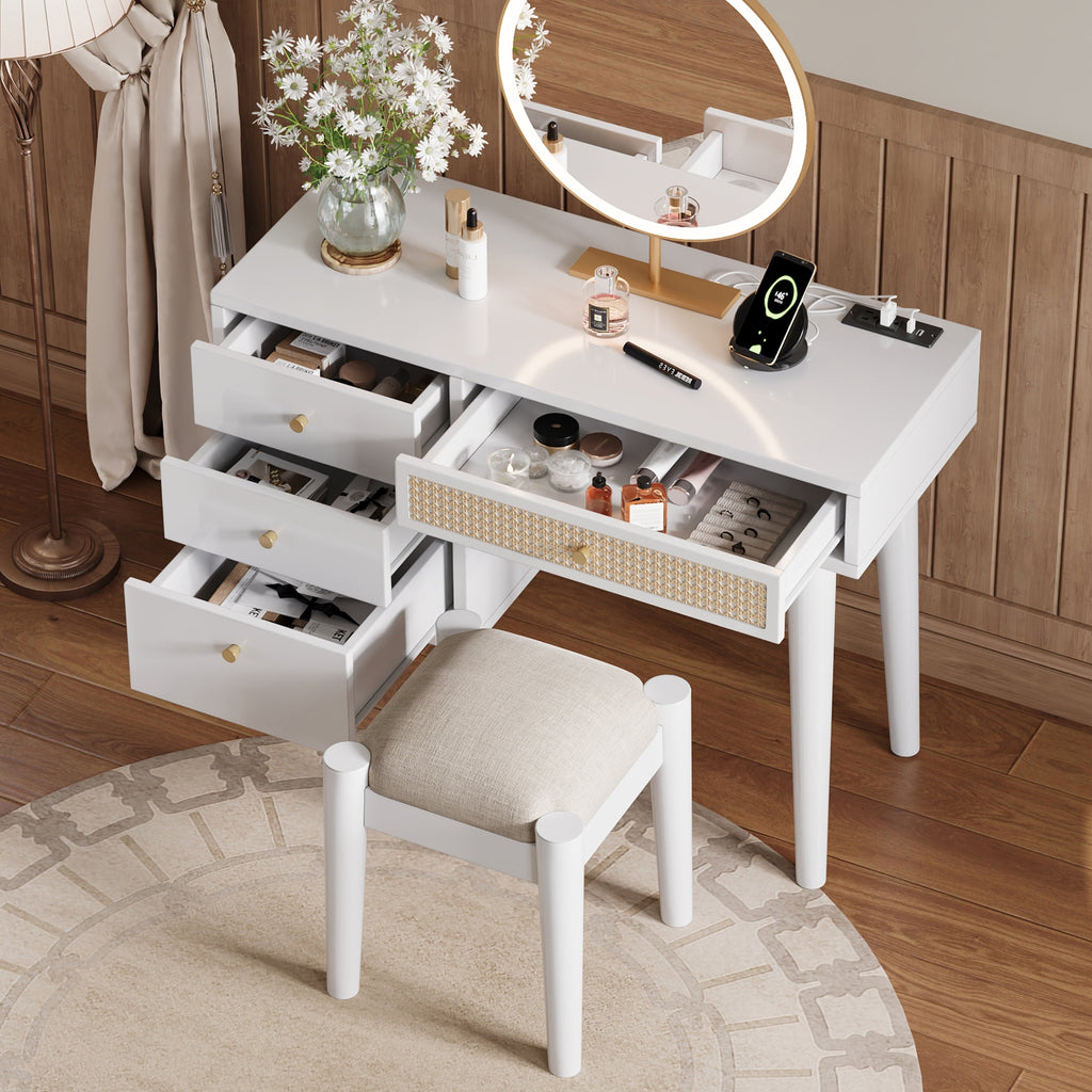 39" Retro Bohemian Style Wooden Makeup Vanity Set with Charging Plug&USB Port and Stool