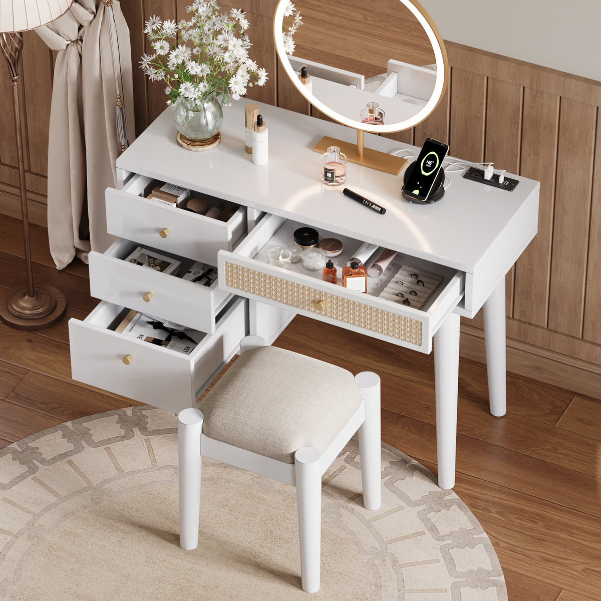 39" Retro Bohemian Style Wooden Makeup Vanity Set with Charging Plug&USB Port and Stool