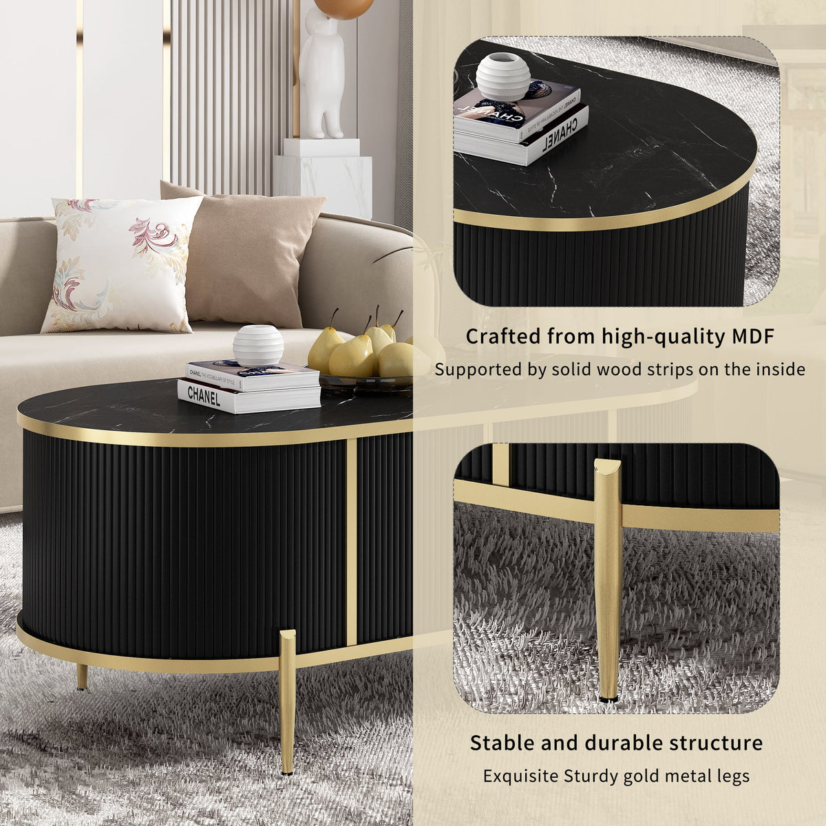 Modern Luxury Oval shaped Fluted Coffee Table