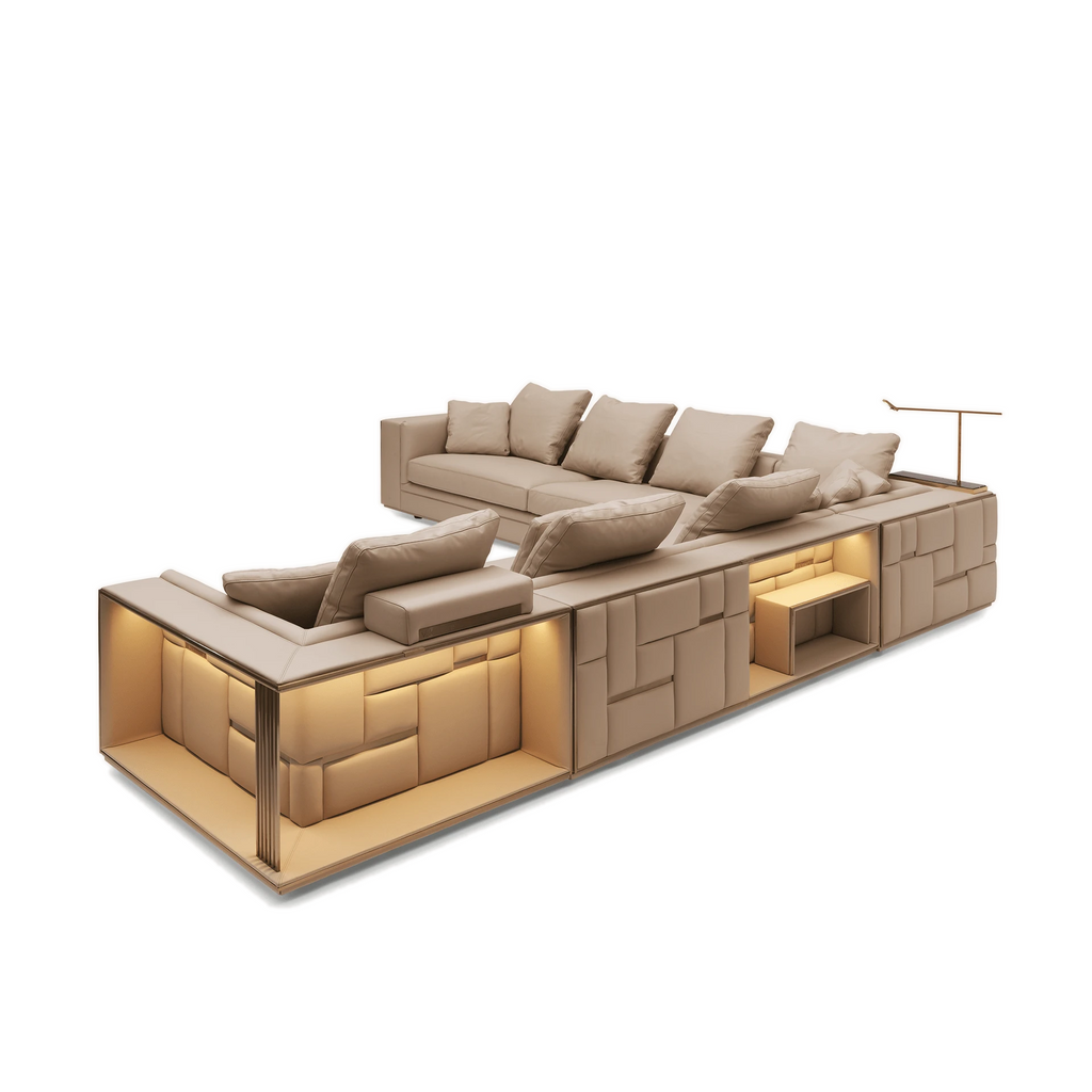 Beige Modular Sectional Sofa with Built-in Lighting and Storage