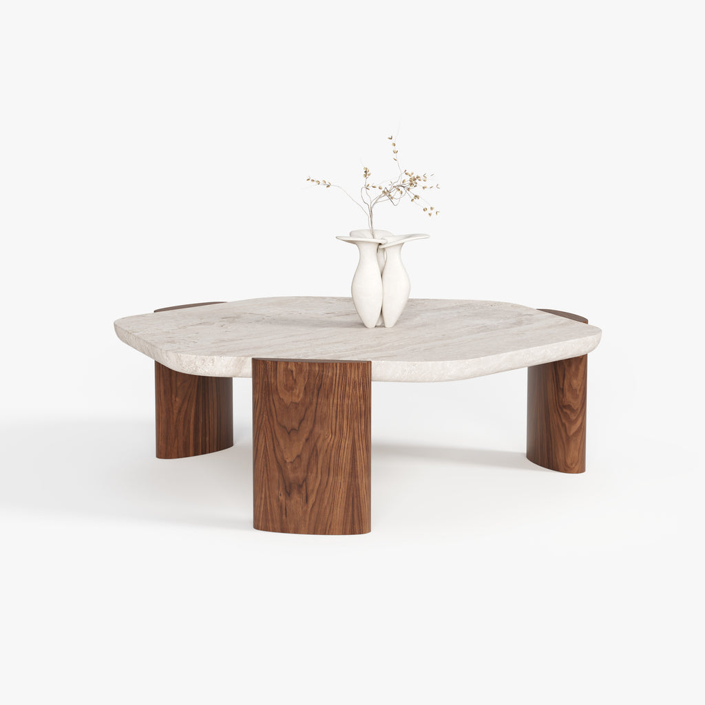 Round Stone Top Solid Wood Leg Coffee Table A003