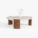 Round Stone Top Solid Wood Leg Coffee Table A003