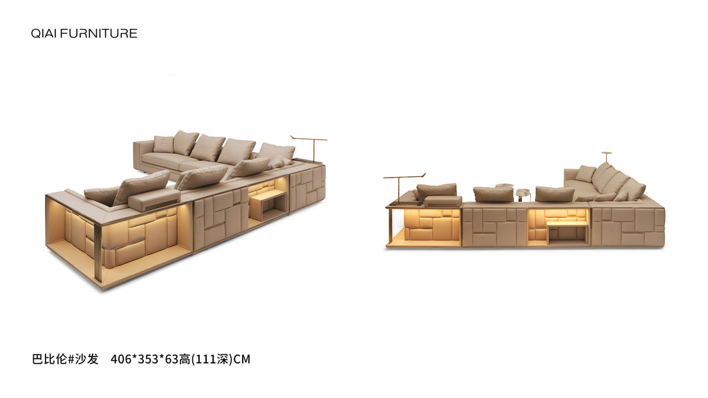Beige Modular Sectional Sofa with Built-in Lighting and Storage