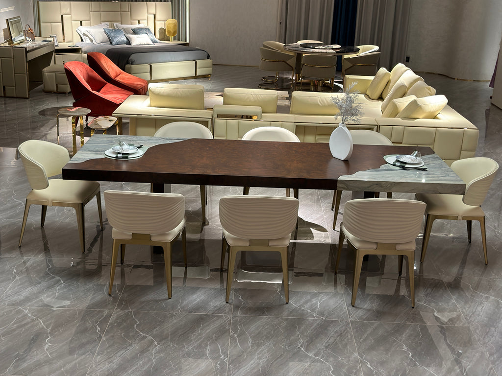 Luxury Wood and Stone Inlay Table with Gold Accents