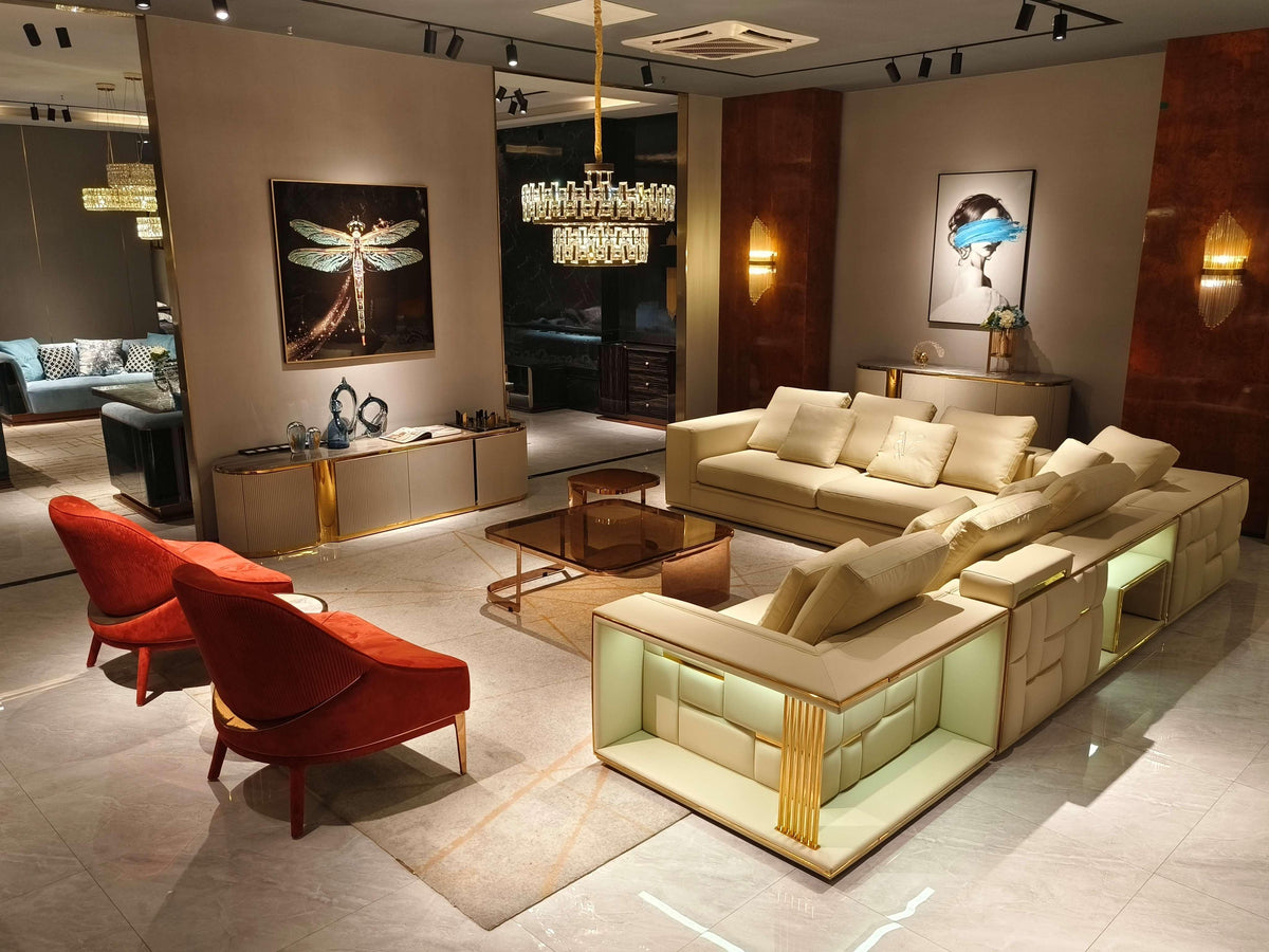 Beige Modular Sectional Sofa with Built-in Lighting and Storage