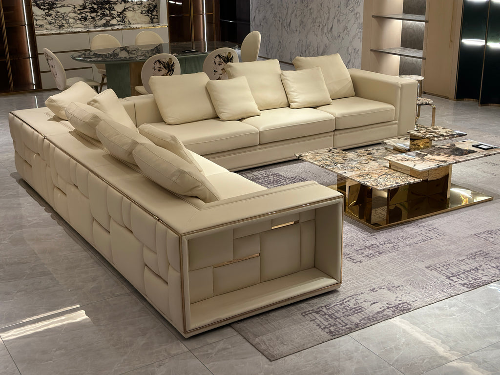 Beige Modular Sectional Sofa with Built-in Lighting and Storage