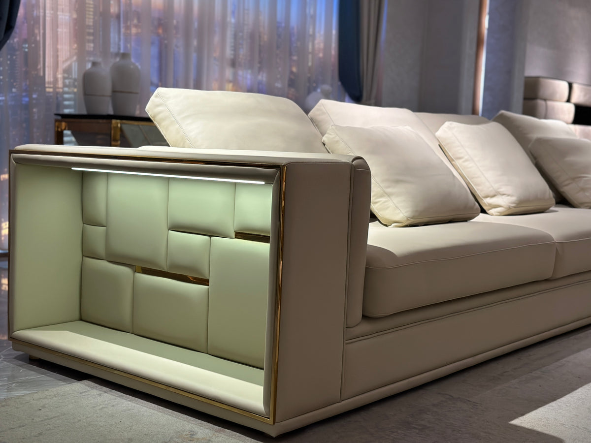 Beige Modular Sectional Sofa with Built-in Lighting and Storage