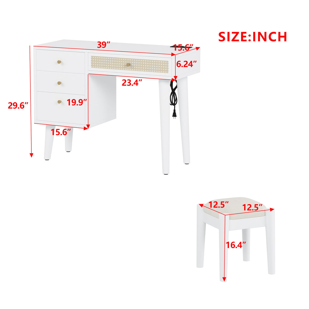 39" Retro Bohemian Style Wooden Makeup Vanity Set with Charging Plug&USB Port and Stool