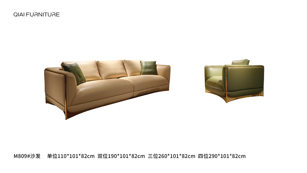 Luxury Beige Leather Sofa with Green Accent Pillows