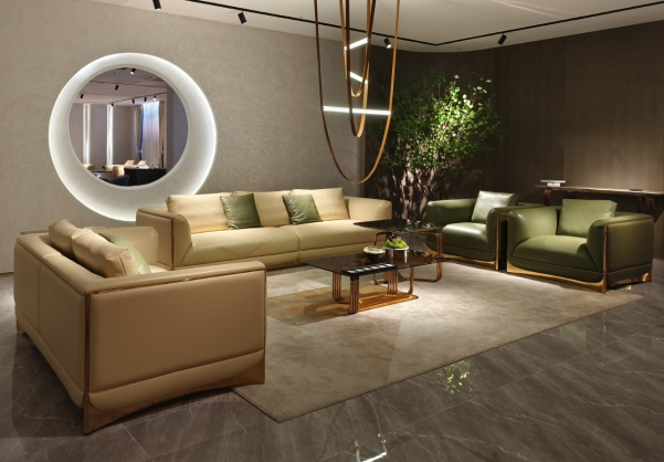 Luxury Beige Leather Sofa with Green Accent Pillows