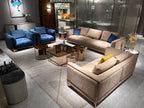 Luxury Beige Leather Sofa with Green Accent Pillows