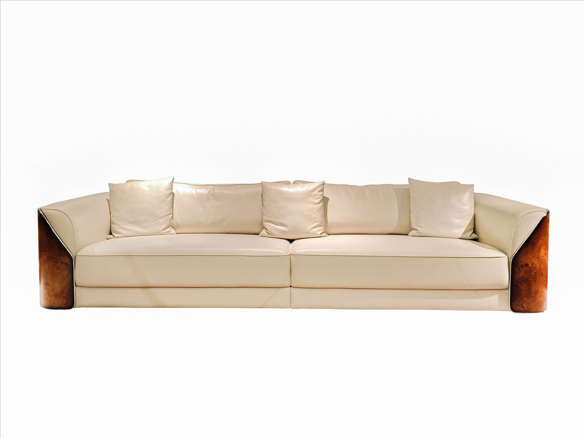 Luxury Cream Leather Sofa with Wooden Accents