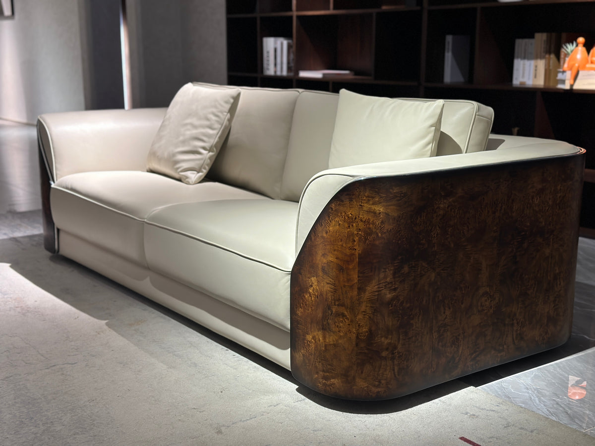 Luxury Cream Leather Sofa with Wooden Accents