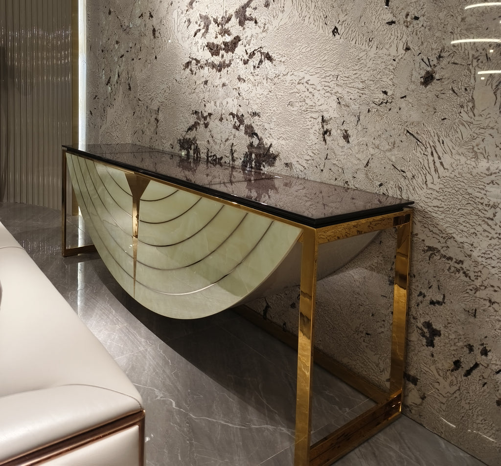 Luxury Onyx-Inlay Console Cabinet with Metal Frame