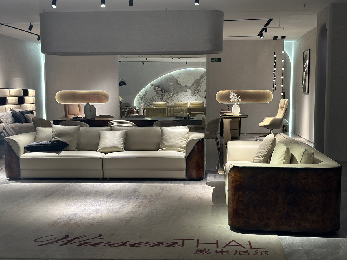 Luxury Cream Leather Sofa with Wooden Accents