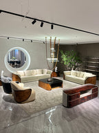 Luxury Cream Leather Sofa with Wooden Accents